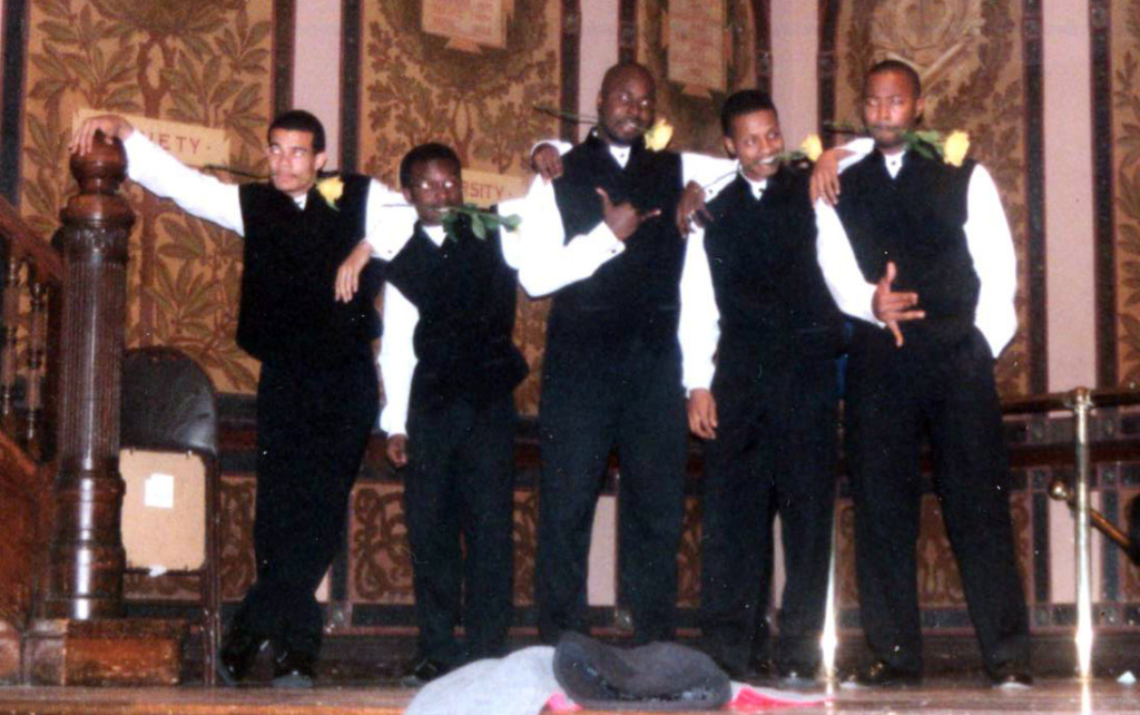 Members of an African American fraternity perform in Gaston Hall at Georgetown University, circa 1999.